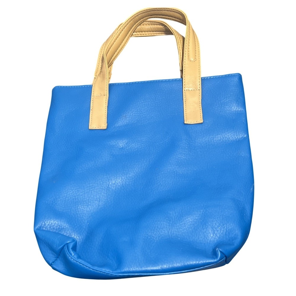 Chic Blue Faux Leather Mini Tote Bag with Tan Handles & Green Lining